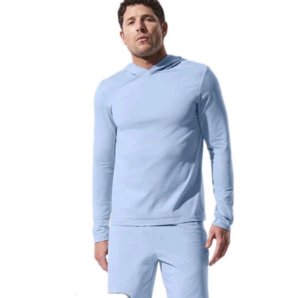Alo Yoga Conquer Reform Long Sleeve Hooded Performance Shirt Seashell Blue M EUC